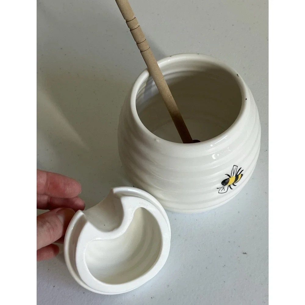 Ceramic Bee Honey Jar Wooden Dipper Beehive Kitchen Decor Cottagecore Farmhouse